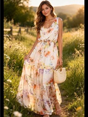 Sleeveless Floral Maxi Dress in Cream and Pastel Hues Cottagecore Romantic Boho